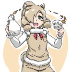  1girl acesrulez alpaca_ears alpaca_suri_(kemono_friends) alpaca_tail animal_ear_fluff animal_ears blue_eyes blush breast_pocket check_commentary commentary commentary_request cowboy_shot cup fur_collar fur_trim hair_bun hair_over_one_eye hair_tubes kemono_friends long_sleeves neck_ribbon pocket ribbon shorts solo sweater_vest tail tea teacup teapot white_hair 