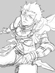  1boy abs cape diarmuid_ua_duibhne_(fate/grand_order) dual_wielding fate/grand_order fate_(series) gauntlets grey_background greyscale hair_between_eyes highres holding lancer_(fate/zero) male_focus midriff mole mole_under_eye monochrome parted_lips simple_background squatting sword toned toned_male weapon 