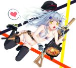  1girl assault_rifle bag bangs beret black_legwear blunt_bangs blush bow bow_panties bra breasts buckle character_name cleavage clothes_writing collarbone eating eyebrows_visible_through_hair facial_mark floating floating_hair food fork full_body girls_frontline gloves green_eyes gun hair_ornament handgun hat hat_removed headwear_removed heart heckler_&amp;_koch highres hk416 hk416_(girls_frontline) holding holding_fork holding_knife holster holstered_weapon knife long_hair looking_at_viewer magazine_(weapon) medium_breasts navel open_mouth panties pistol rifle shoes sidelocks silver_hair skindentation sneakers solo spoken_heart stomach teardrop thigh-highs thigh_holster thighs tofuto tongue tongue_out underwear underwear_only upper_teeth very_long_hair weapon white_bra white_panties 
