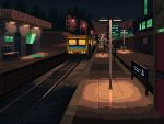  artist_name barbed_wire bench building fence ground_vehicle kldpxl lamppost night night_sky no_humans outdoors pixel_art railroad_tracks scenery sign sky train train_station tree window 