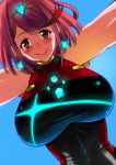  1girl bangs blue_sky blush breasts earrings glowing pyra_(xenoblade) jewelry large_breasts looking_at_viewer nintendo outstretched_arms perepere-kun red_eyes redhead sky smile solo spread_arms swept_bangs tiara upper_body xenoblade_(series) xenoblade_2 