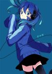  1girl blue_background blue_eyes blue_hair character_name ene_(kagerou_project) headphones jacket kagerou_project long_hair missing_limb satou_iruno skirt sleeves_past_fingers sleeves_past_wrists smile solo thigh-highs track_jacket twintails 