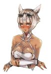  absurdres animal_ears armlet bangs bare_shoulders blush breasts bridal_gauntlets cat_ears cleavage closed_mouth collarbone commentary_request dark_skin eyebrows_visible_through_hair eyewear_on_head facial_mark final_fantasy final_fantasy_xiv haimerejzero highres ilsa large_breasts looking_at_viewer miqo&#039;te shiny shiny_hair short_hair signature silver_hair simple_background sunglasses upper_body white_background y&#039;shtola_rhul 