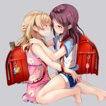  2girls backpack bag bangs bare_arms bare_legs bare_shoulders barefoot blonde_hair blue_shorts blunt_bangs closed_mouth commentary_request couple dress eye_contact floral_print frills from_side half-closed_eyes imminent_kiss long_hair looking_at_another multiple_girls original pink_dress print_dress purple_hair randoseru shiny shiny_hair shiratama_mochi short_shorts short_sleeves shorts sitting sleeveless sleeveless_dress violet_eyes yellow_eyes yuri 