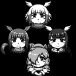  &gt;:) 4girls :3 acesrulez album_cover alpaca_ears alpaca_suri_(kemono_friends) animal_ears bangs bird_wings black-headed_ibis_(kemono_friends) blunt_bangs blush_stickers bohemian_rhapsody closed_mouth cover crossed_arms empty_eyes eyebrows_visible_through_hair face fur_collar greyscale hair_over_one_eye hands_up head_wings horizontal_pupils japanese_crested_ibis_(kemono_friends) kemono_friends long_hair medium_hair monochrome multicolored_hair multiple_girls outstretched_hand parody queen_(band) scarlet_ibis_(kemono_friends) short_hair smile twintails v-shaped_eyebrows wings 