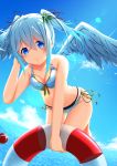  1girl :o absurdres aoi_thomas ball bangs bare_arms bare_shoulders beachball bikini blue_bikini blue_eyes blue_hair blue_sky blue_wings blush breasts cleavage clouds commentary_request day eyebrows_visible_through_hair feathered_wings flower flying front-tie_bikini front-tie_top hair_between_eyes hair_flower hair_ornament hair_ribbon highres holding holding_innertube horizon innertube looking_at_viewer medium_breasts ocean original outdoors parted_lips red_ribbon ribbon side-tie_bikini sidelocks sky solo swimsuit transparent water white_flower wings 