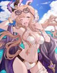  alternate_costume bang bikini blue_sky bracelet brown_eyes brown_hair choker clouds finger_gun flower granblue_fantasy hair_bun hair_flower hair_ornament halter_top halterneck head_wings highres jewelry long_hair ocean one_eye_closed rice_tea sky song_(granblue_fantasy) splashing sunglasses swimsuit thigh_strap white_bikini 