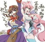  2girls blue_eyes bow braid breasts brown_hair cleavage coat commentary_request crossover dress gloves gun hairband hanakuso long_hair maria_cadenzavna_eve medium_breasts multiple_girls open_mouth pink_hair purple_dress red_hairband ribbon senki_zesshou_symphogear sidelocks virginia_maxwell weapon wild_arms wild_arms_3 
