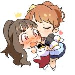  2girls @_@ bangs black_legwear blunt_bangs blush boots brown_hair carrying cheek_kiss chibi closed_eyes coat commentary hair_up houjou_karen idolmaster idolmaster_cinderella_girls idolmaster_cinderella_girls_starlight_stage kamiya_nao kiss light_blue_dress long_hair lowres multiple_girls nose_blush orange_hair ponytail princess_carry red_eyes rn_p role_reversal simple_background thick_eyebrows thigh-highs white_background white_coat white_footwear yuri 