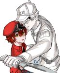  1boy 1girl absurdres ahoge bag baseball_cap belt black_eyes black_shirt box cabbie_hat collared_shirt denim denim_shorts gloves hair_between_eyes hair_over_one_eye hat hataraku_saibou highres jacket knife long_sleeves name_tag no_pupils open_mouth red_blood_cell_(hataraku_saibou) red_hat redhead ririkonosukee satchel shirt short_hair shorts simple_background spiky_hair sweatdrop wavy_mouth white_background white_blood_cell_(hataraku_saibou) white_gloves white_hair white_hat white_shirt white_skin yellow_eyes 