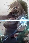  1girl amputee black_sclera blonde_hair blood blue_eyes breasts covering_mouth cyborg damaged electricity exposed_muscle gloves hand_over_own_mouth highres injury medium_breasts original parts_exposed solo torn_clothes yag_hag86 