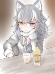  1girl alcohol animal_ears blue_eyes coat commentary_request eyebrows_visible_through_hair fang glass grey_hair grey_wolf_(kemono_friends) head_on_hand heterochromia kemono_friends long_hair long_sleeves multicolored_hair necktie nenkou-san plaid_neckwear sitting solo white_hair wolf_ears yellow_eyes 