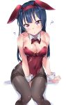  1girl ? absurdres animal_ears black_legwear blue_hair bow bowtie breasts bunny_tail bunnysuit detached_collar head_tilt highres leotard long_hair looking_at_viewer love_live! love_live!_sunshine!! medium_breasts pantyhose rabbit_ears red_eyes red_leotard red_neckwear side_bun simple_background sitting solo strapless strapless_leotard tail tem10 thighband_pantyhose tsushima_yoshiko white_background wrist_cuffs 