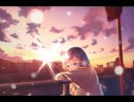  1girl blue_eyes brown_hair clouds fence letterboxed looking_at_viewer original outdoors scenery short_hair short_sleeves sky solo sunset yomochi_(y0m0chi) 