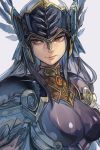  1girl black_hair expressionless feathers grey_background hankuri helmet hrist_valkyrie long_hair looking_to_the_side red_eyes shoulder_pads valkyrie_profile 