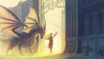  1girl blonde_hair dragon feel_(nasitaki) floating_hair gate highres horns long_hair monster original outdoors solo spread_wings staff standing western_dragon 