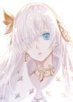  1girl anastasia_(fate/grand_order) blue_eyes choker earrings eyebrows_visible_through_hair eyes_visible_through_hair fate/grand_order fate_(series) hair_ornament hair_over_one_eye head_tilt highres jewelry long_hair parted_lips portrait ro96cu silver_hair simple_background solo white_background 