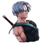  1boy arms_at_sides black_shirt blue_eyes close-up dragon_ball dragonball_z dutch_angle frown looking_away lowres male_focus muscle profile purple_hair serious shaded_face shirt short_hair simple_background sleeveless sleeveless_shirt st62svnexilf2p9 sword trunks_(dragon_ball) upper_body weapon white_background 
