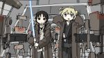  2girls black_eyes black_hair blonde_hair blue_eyes chito_(shoujo_shuumatsu_ryokou) energy_sword highres long_hair multiple_girls open_mouth shoujo_shuumatsu_ryokou star_wars sword tsukumizu_yuu twintails weapon yuuri_(shoujo_shuumatsu_ryokou) 