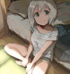 1girl aoba_moca bang_dream! bangs barefoot bed blue_eyes commentary_request crossed_ankles grey_hair grey_shirt hands_on_own_leg highres indoors looking_at_viewer pillow rii_(hakumaiiiiii) shirt short_shorts short_sleeves shorts sitting smile solo wooden_floor