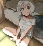  1girl aoba_moka bang_dream! bangs barefoot bed blue_eyes commentary_request crossed_ankles grey_hair grey_shirt hands_on_own_leg highres indoors looking_at_viewer pillow rii_(hakumaiiiiii) shirt short_shorts short_sleeves shorts sitting smile solo wooden_floor 