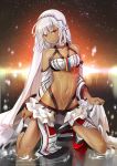  1girl altera_(fate) bangs bare_shoulders black_nails breasts choker closed_mouth collarbone commentary_request dark_skin detached_sleeves eyebrows_visible_through_hair fate/grand_order fate_(series) fingernails frilled_skirt frills full_body_tattoo highres ice_(ice_aptx) kneeling long_fingernails long_hair looking_at_viewer nail_polish navel red_eyes skirt small_breasts solo strapless tattoo tubetop white_hair white_skirt 