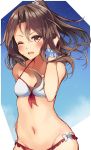  1girl ;d bare_shoulders bikini blush breasts brown_eyes brown_hair collarbone hair_ornament hair_scrunchie highres kantai_collection looking_at_viewer midriff natsu_narumi navel one_eye_closed open_mouth ponytail scrunchie small_breasts smile solo swimsuit wrist_scrunchie zuihou_(kantai_collection) 
