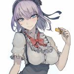  1girl blue_eyes blush breasts dagashi_kashi flower hair_flower hair_ornament hairband large_breasts looking_at_viewer nail_polish purple_hair ringed_eyes shidare_hotaru short_hair simple_background smile solo walzrj white_background 