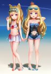  2girls :d absurdres aircraft airplane azur_lane beach bikini blonde_hair blue_eyes clouds collarbone condensation_trail crown curly_hair day eyebrows_visible_through_hair eyewear_on_head fang frilled_bikini frills full_body furrowed_eyebrows groin hair_between_eyes hand_holding high_heels highres huge_filesize long_hair looking_at_viewer mini_crown multiple_girls navel navel_cutout one-piece_swimsuit open_mouth outdoors parted_lips queen_elizabeth_(azur_lane) shoes silhouette sky smile standing sunglasses swimsuit teratsuu very_long_hair violet_eyes visor_cap warspite_(azur_lane) water white_bikini 