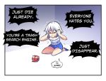  1girl bing closed_eyes comic corner covering_ears crying english gift hinghoi kneeling open_mouth pov scared shaded_face short_hair sweat trembling white_hair 
