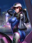  1girl ass bodysuit breasts brown_eyes brown_hair curvy d.va_(overwatch) hat headphones headphones_around_neck impossible_bodysuit impossible_clothes large_breasts liang_xing looking_at_viewer overwatch shooting_star_d.va skin_tight smile tagme 