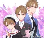  1boy age_progression artist_name blazer brown_eyes brown_hair card_captor_sakura cherry_blossoms gearous hat jacket li_xiaolang male_focus necktie petals sailor_collar school_uniform smile sparkle stuffed_animal stuffed_toy teddy_bear tomoeda_elementary_school_uniform tomoeda_high_school_uniform tomoeda_middle_school_uniform 