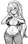  1girl absurdres bikini_top blush breasts cleavage denim gggg greyscale grin highres jeans lifted_by_self looking_at_viewer monochrome navel nikaidou_saki pants shirt_lift side_ponytail simple_background smile solo sweat thick_eyebrows white_background zombie_land_saga 