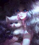  1girl animal artist_name blue_eyes cat closed_mouth commentary_request english fluffy fluffy_hair han_seung_hee holding holding_animal korean_commentary lips long_hair looking_at_viewer mechanical_leg mechanical_paw mixed-language_commentary original partial_commentary pink_lips serious shaded_face solo veins watermark wavy_hair white_cat 