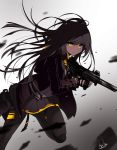  1girl absurdres alswp5806 bangs black_gloves blurry blurry_foreground brown_hair brown_jacket closed_mouth depth_of_field eyebrows_visible_through_hair finger_on_trigger fingerless_gloves fingernails girls_frontline gloves glowing glowing_eyes gradient gradient_background grey_background grey_legwear grey_skirt gun h&amp;k_ump45 hair_between_eyes hair_ornament highres holding holding_gun holding_weapon jacket long_hair looking_at_viewer one_side_up open_clothes open_jacket pantyhose pleated_skirt shirt signature skirt solo standing standing_on_one_leg ump45_(girls_frontline) very_long_hair weapon white_background white_shirt yellow_eyes 