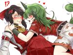  !? /\/\/\ 2girls animal_ears ascot bare_arms bare_shoulders belt black_hair blush bow cloud_print commentary_request constricted_pupils detached_sleeves eye_contact facepaint fangs fingernails green_eyes green_hair hair_bow hair_tubes hakurei_reimu heart horn imminent_kiss japanese_clothes kariyushi_shirt kneeling komano_aun leaning_back leaning_forward long_hair looking_at_another medium_hair multiple_girls nail_polish nontraditional_miko nose_blush open_mouth pale_skin red_bow red_shirt ryuuichi_(f_dragon) shirt short_sleeves shorts side_ponytail simple_background sitting smile sweat sweating_profusely touhou turtleneck wavy_mouth white_background white_shorts yellow_neckwear yuri 