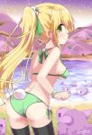  1girl ass bikini black_legwear blonde_hair blurry blush breasts bunny_tail closed_mouth day depth_of_field from_behind green_bikini green_eyes himarisu_(hida_mari) leaning_forward medium_breasts original outdoors pond ponytail profile sheep signature solo standing sweatdrop swimsuit tail thigh-highs wavy_mouth 