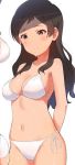  1girl 3: armpits arms_behind_back arms_up ass bikini blush breasts brown_eyes brown_hair cleavage cowboy_shot embarrassed enamasa idolmaster idolmaster_million_live! kitazawa_shiho long_hair looking_down medium_breasts multiple_views shiny shiny_skin side-tie_bikini standing strap_gap swimsuit wavy_hair white_bikini 