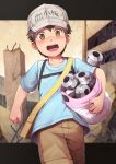  1boy absurdres bag baseball_cap beater brown_eyes brown_hair hat hataraku_saibou highres looking_at_viewer male_focus messenger_bag open_mouth platelet_(hataraku_saibou) shorts shoulder_bag smile solo whistle 