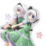  aruha hairband hitodama katana konpaku_youmu konpaku_youmu_(ghost) myon petals red_eyes sheath short_hair silver_hair sword touhou weapon yuuhi_aruha 