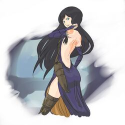  akumajo_dracula aqua_eyes ass back bare_back bare_shoulders black_hair bridal_gauntlets castlevania castlevania:_order_of_ecclesia dress feathers hachimitsuboi long_hair looking_back open-back_dress shanoa solo tattoo thighhighs zettai_ryouiki 