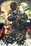  absurdres airplane bandana big_boss blonde_hair blue_eyes breasts brown_hair epic eva eyepatch flower goggles gun handgun highres jet knife m1911 metal_gear metal_gear_solid metal_gear_solid_3 mig-21 naked_snake official_art oldschool orange_hair petals realistic russian soviet takani_yoshiyuki the_boss traditional_media weapon 