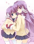  clannad fujibayashi_kyou fujibayashi_ryou hand_holding holding_hands hug kurot long_hair purple_eyes purple_hair school_uniform short_hair siblings sisters thigh-highs thighhighs twins violet_eyes zettai_ryouiki 