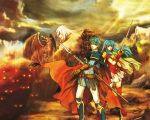  boots cape cloud clouds dragon eirika ephraim fire_emblem fire_emblem:_seima_no_kouseki fire_emblem_sacred_stones gloves highres nintendo official_art polearm skeleton spear sword weapon 