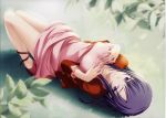  blue_eyes breasts causal dress hizuki_shino kawagishi_keitarou lying outdoors purple_hair ringetsu shin_ringetsu smile thighs 