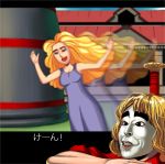  black_eyes blonde_hair closed_eyes dress eliza_masters ending grin ken_masters lips lipstick long_hair masao mask motion_blur parody pixel_art smile street_fighter tears translated 