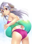  ass bikini cow_ears from_behind from_below fujisaka_kuuki horns innertube long_hair looking_back low_angle mouth_hold red_eyes silver_hair swimsuit 