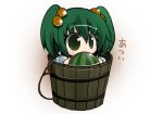  food fruit girl_in_bucket green_eyes green_hair hair_bobbles hair_ornament holding holding_fruit in_bucket in_container kisume lowres short_twintails solo tomato_kandume touhou twintails watermelon 