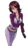  breasts brown_eyes brown_hair cleavage gloves gundam gundam_00 midriff pants short_hair shy sumeragi_lee_noriega utu_(artist) zipper 