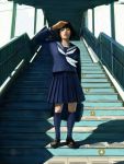  black_hair bob_cut highres original realistic school_uniform serafuku shoes short_hair skirt socks solo stairs standing suzuki_kensuke 